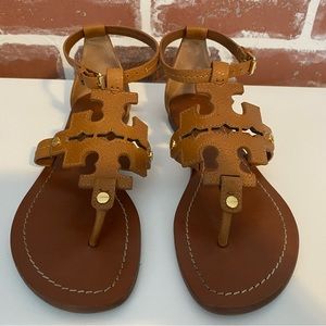 Tory Burch Phoebe Flat Thong Sandals Brown Leather Miller Logo